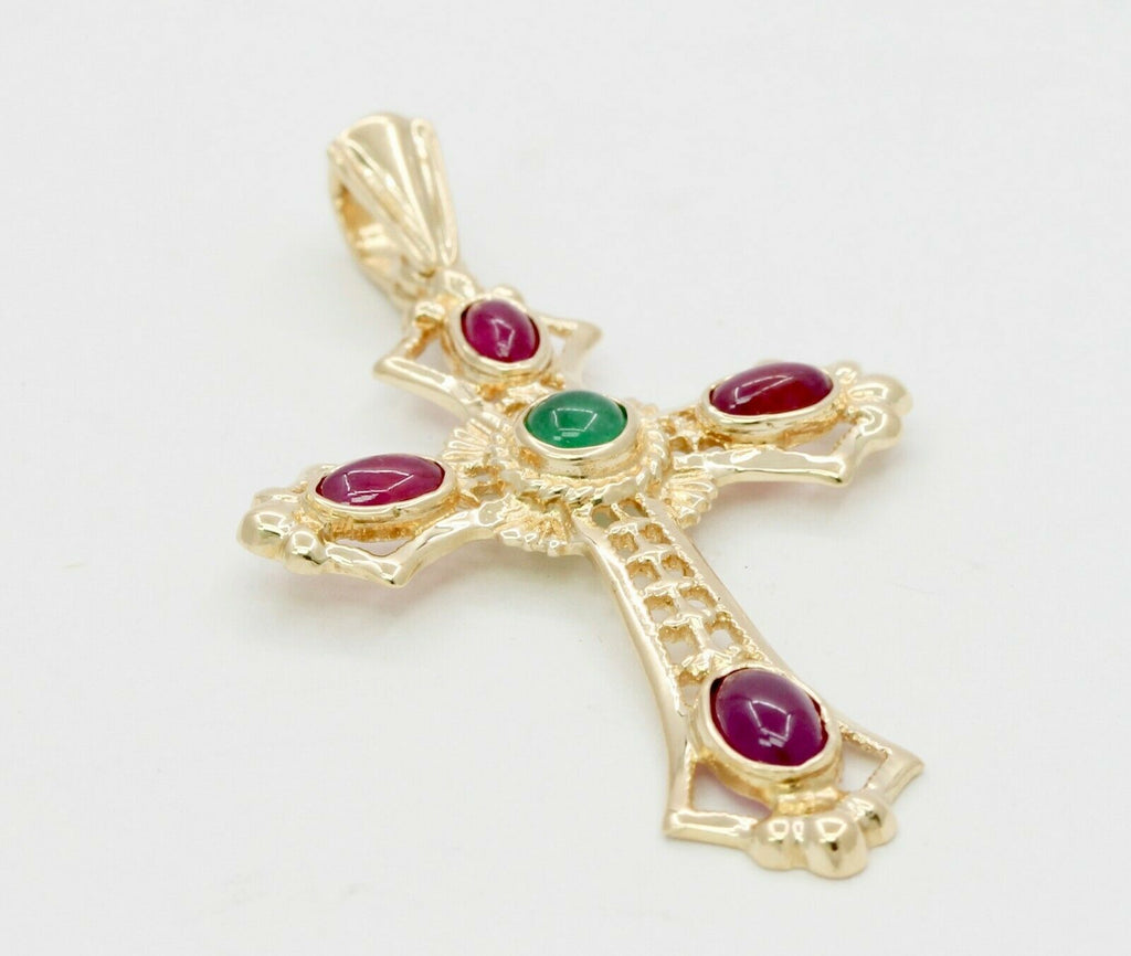 Vintage 14K Yellow Gold Emerald Ruby Portuguese Cross Pendant
