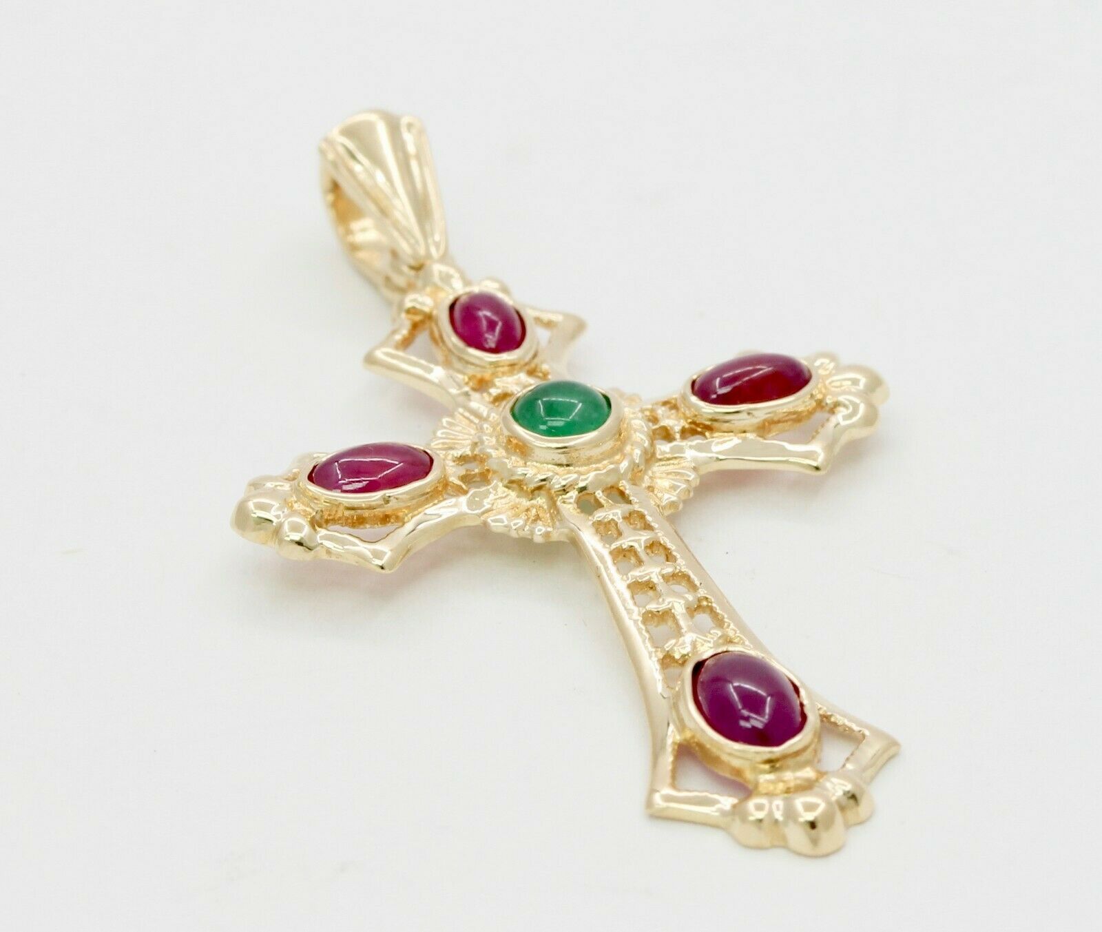 Vintage 14K Yellow Gold Emerald Ruby Portuguese Cross Pendant