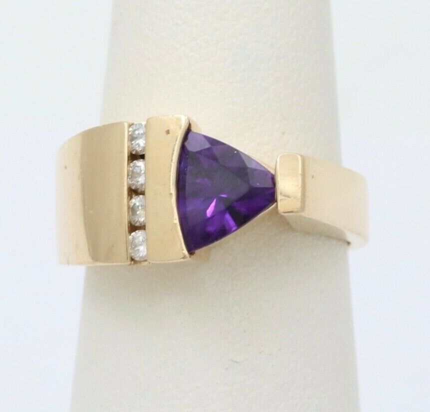 MidCentury 14K Yellow Gold Geometric Siberian Triangle Amethyst Diamond Ring Ban