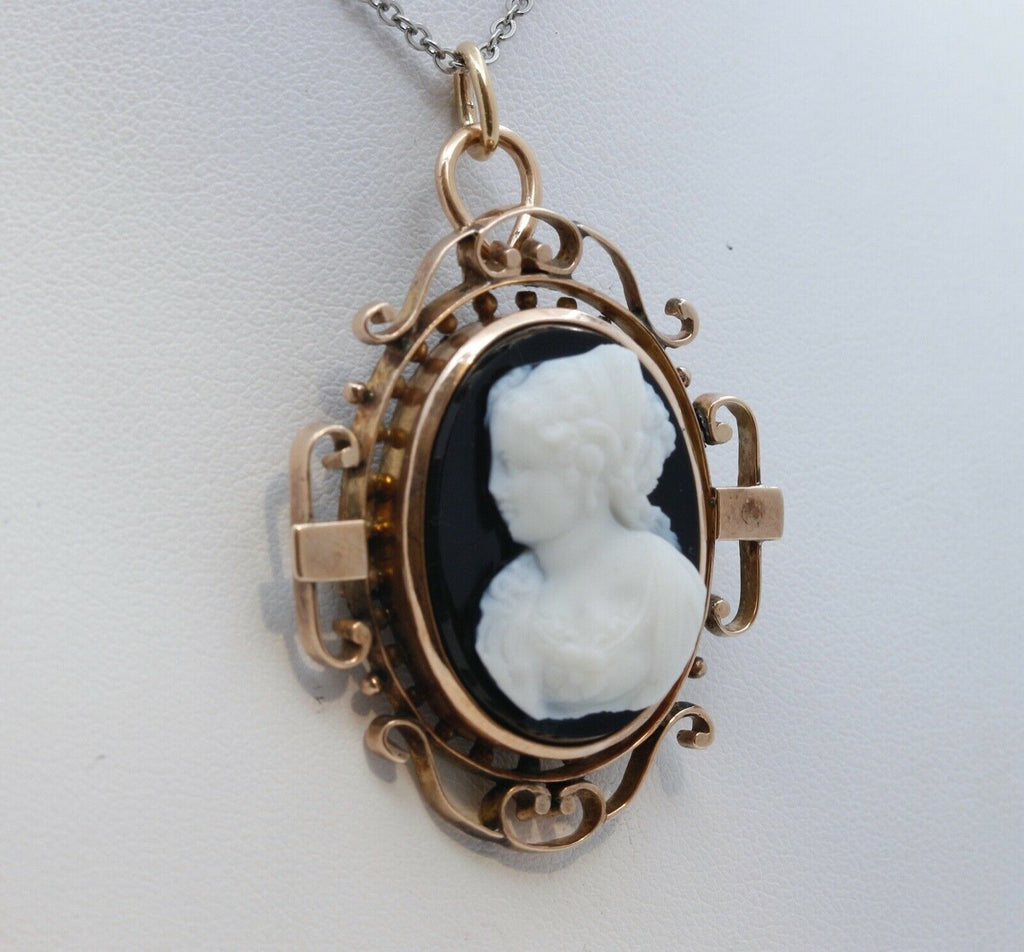 Victorian Cameo 14K Rose Gold Onyx Brooch Pendant Pin