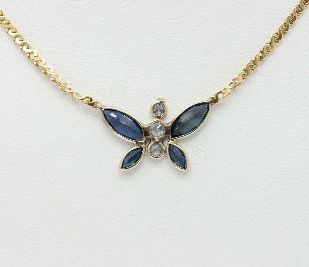 Vintage 14K Yellow Gold Diamond Sapphire Butterfly Pendant