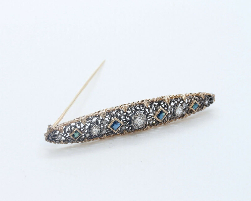 Edwardian 18K Yellow Gold Sterling Silver Diamonds Sapphires Brooch Pin