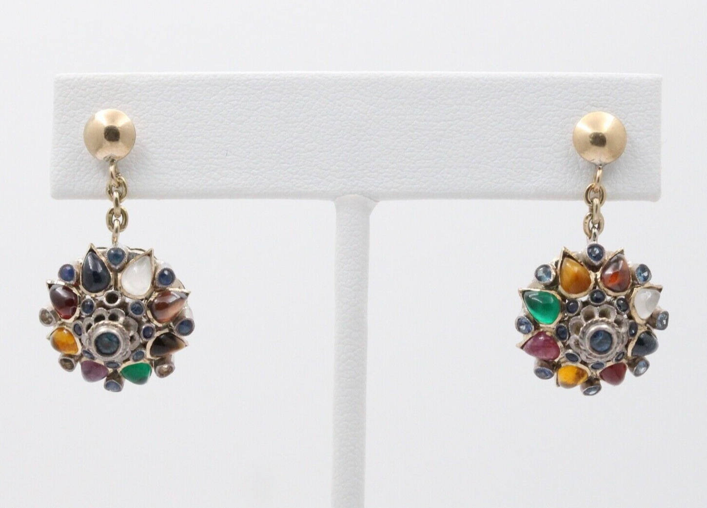 Vintage 14K Yellow Gold Multi- Color Gems Dangling Earrings