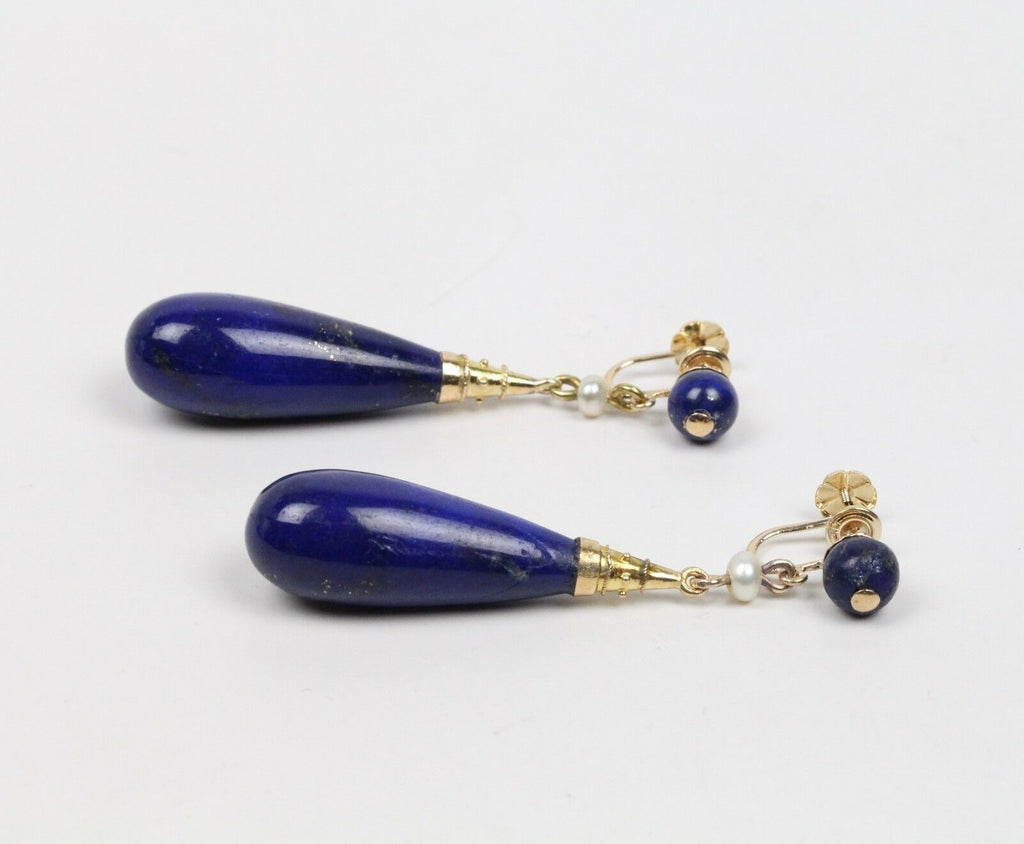 Vintage 14K Yellow Gold Lapis Lazuli Tear Drop Earrings