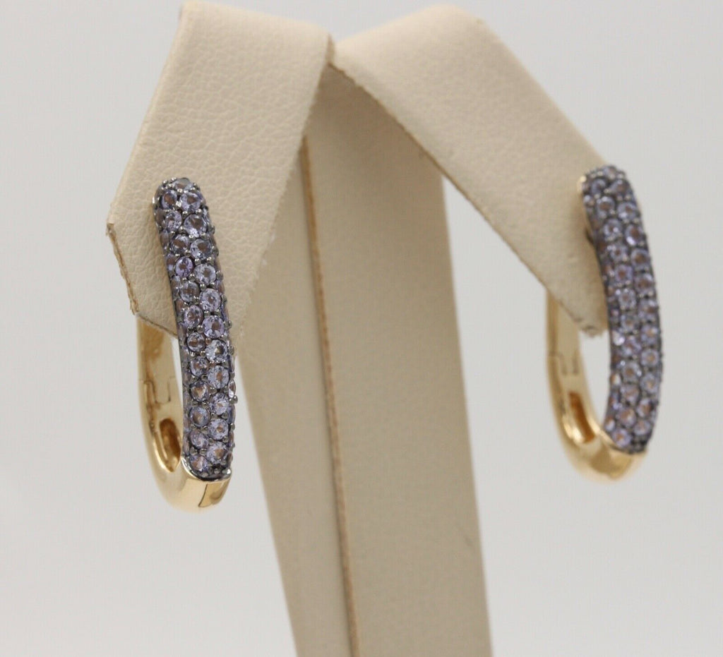 Vintage Pave Tanzanite Hoop 14K Yellow Gold Earrings. Estate Jewelry.