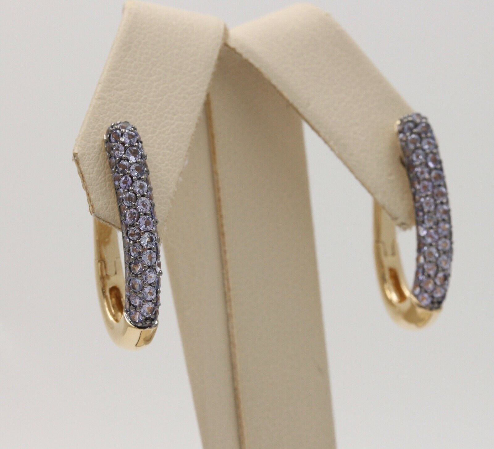 Vintage Pave Tanzanite Hoop 14K Yellow Gold Earrings. Estate Jewelry.