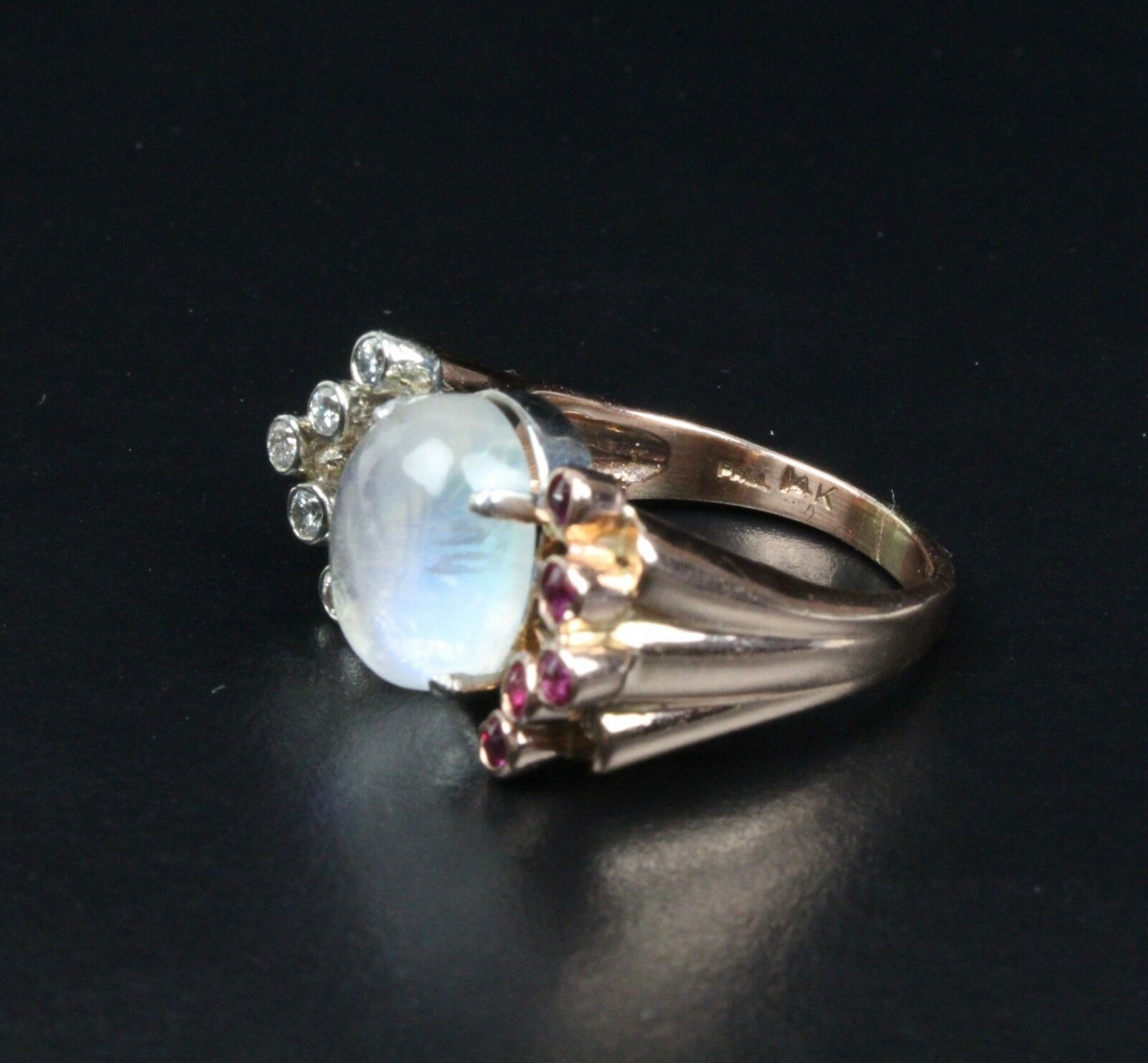 Retro 14K Rose Gold Moonstone Diamond Ruby Ring