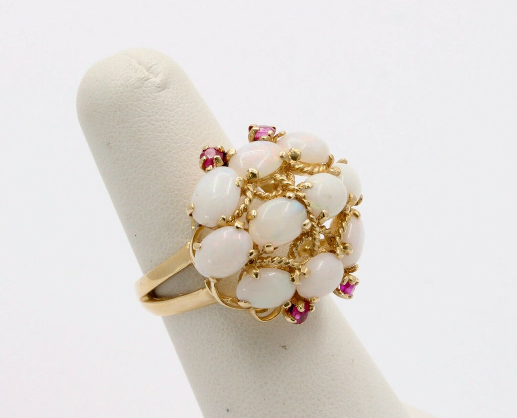 Vintage 14K Yellow Gold Opal Cluster Ruby Ring