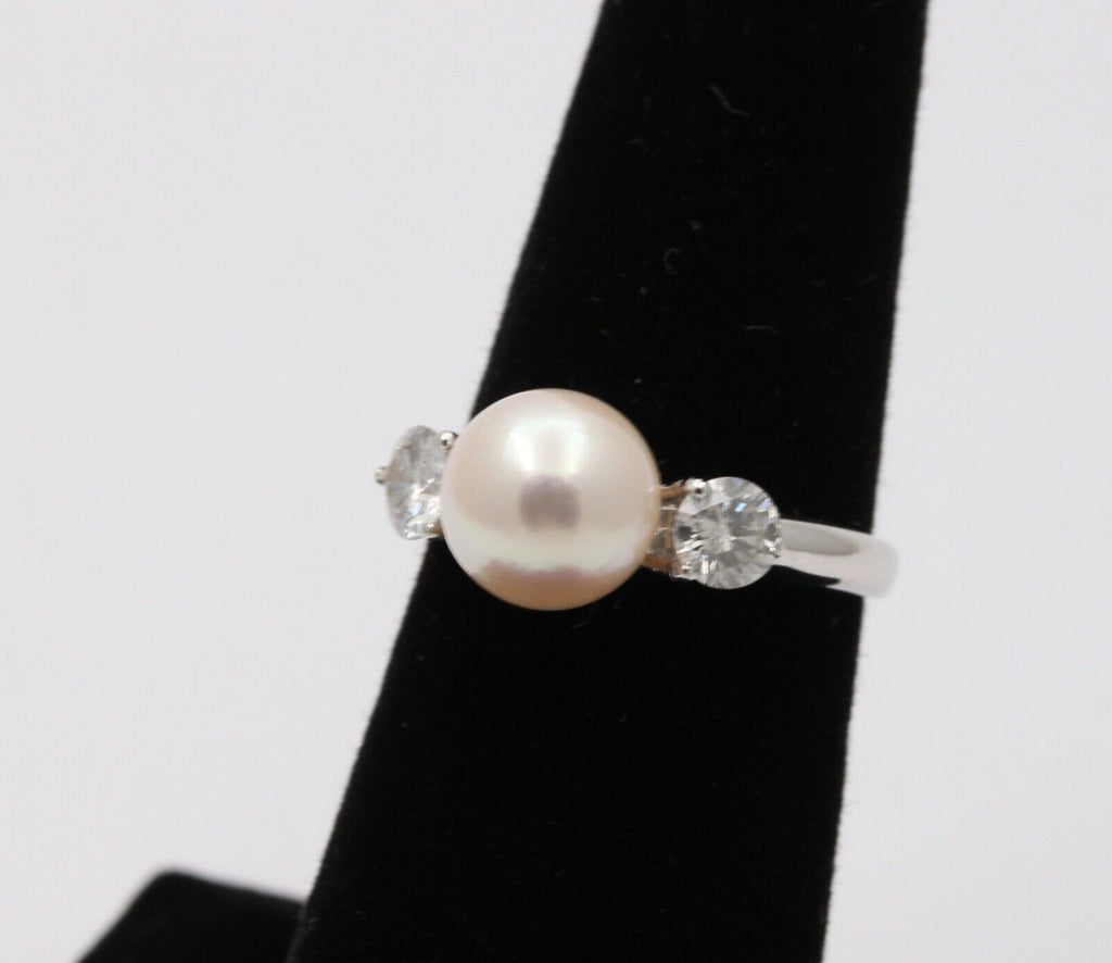 Classic Vintage 18K White Gold Akoya Pearl Diamond Ring,