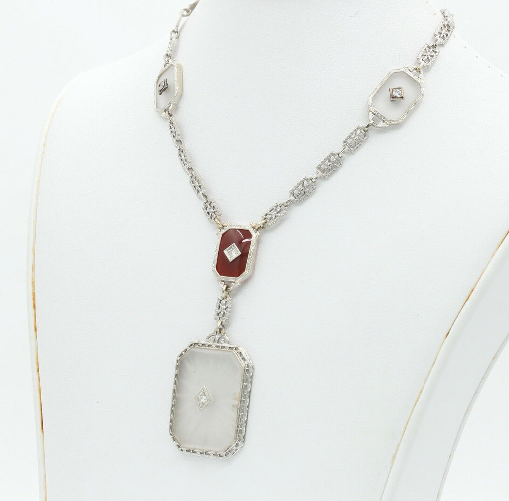 Art Deco Platinum 14K White Gold Crystal Diamonds Necklace Pendant