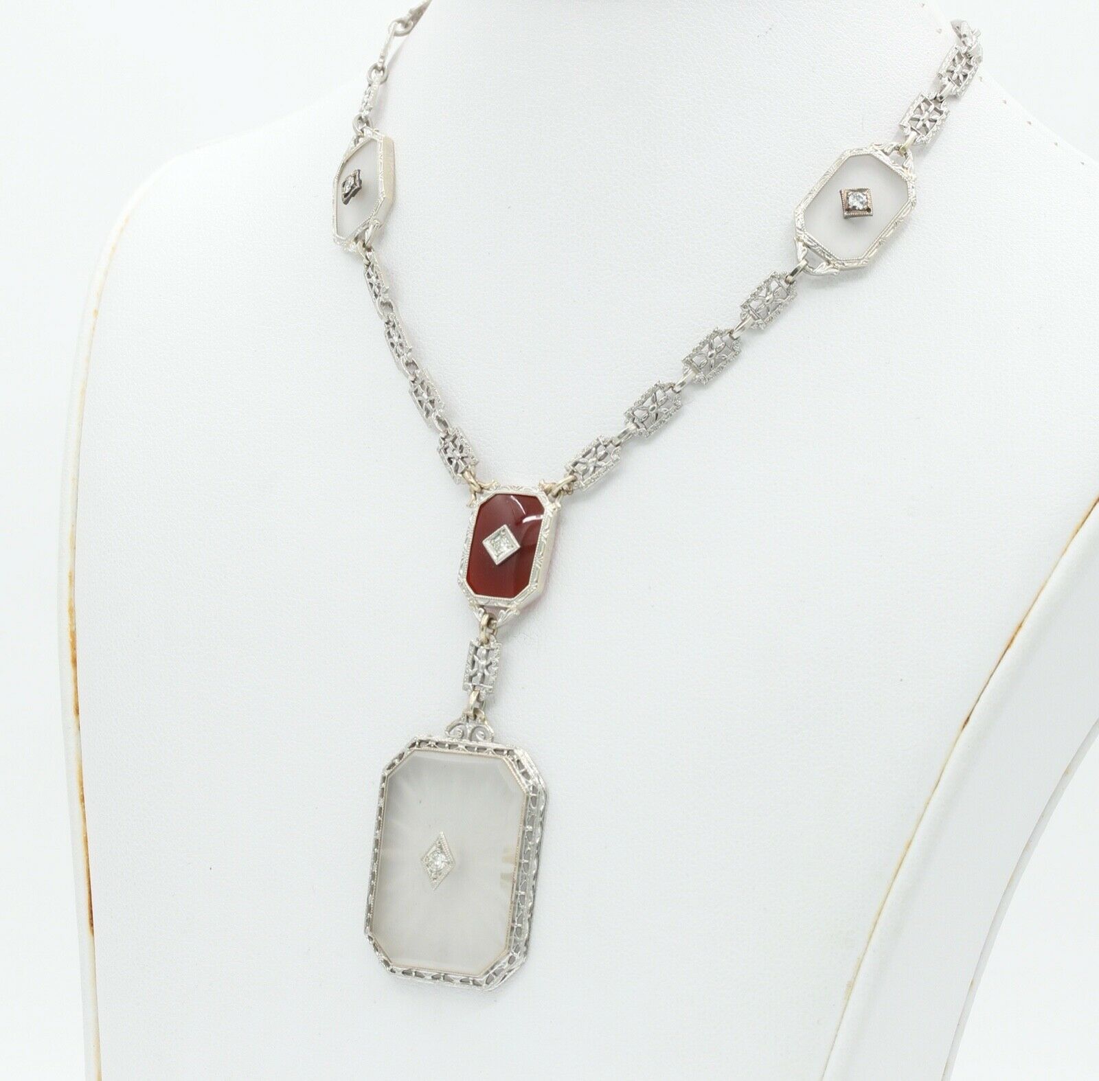 Art Deco Platinum 14K White Gold Crystal Diamonds Necklace Pendant