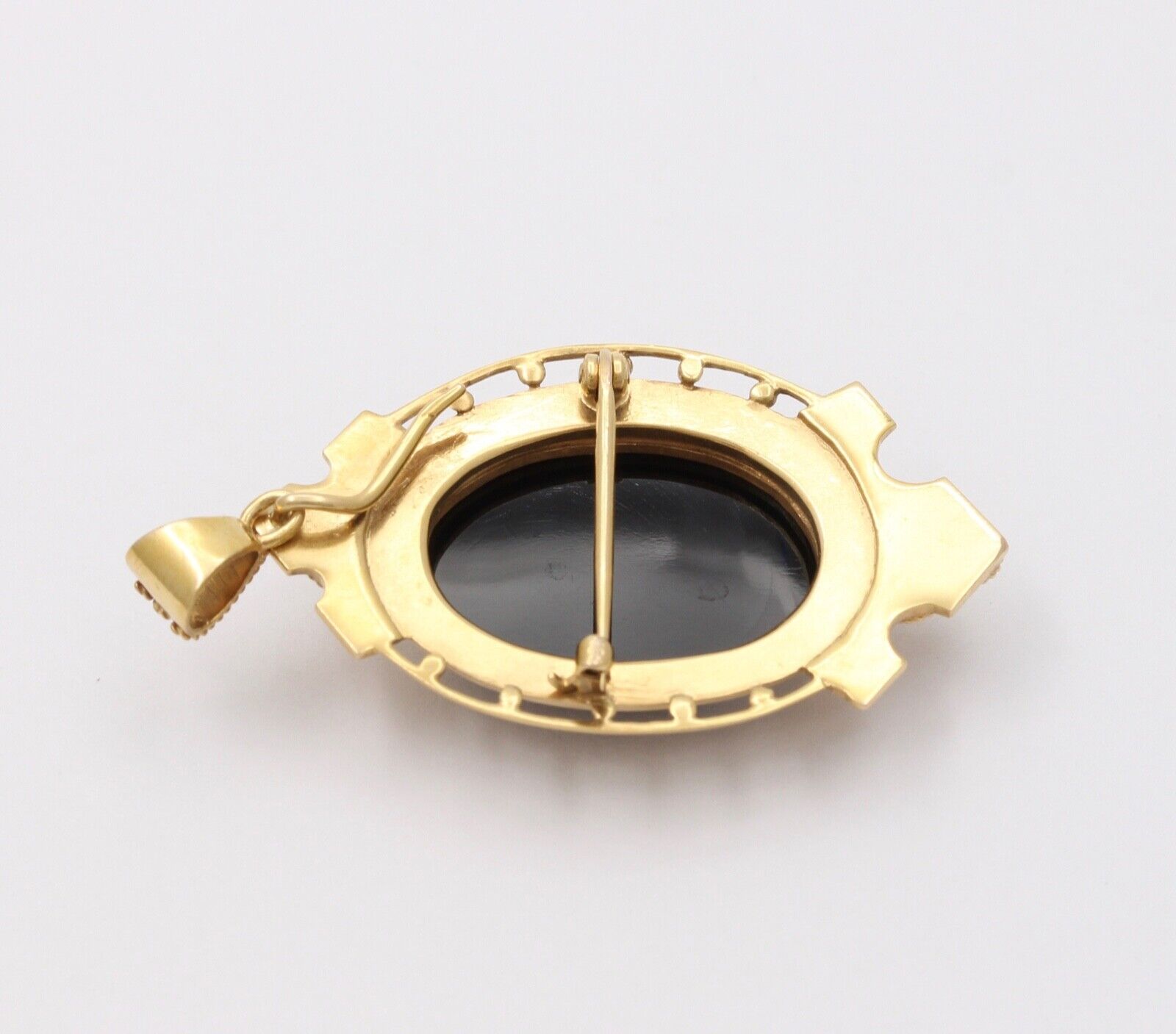 Antique 10K Yellow Gold Onyx Cameo Pendant Brooch