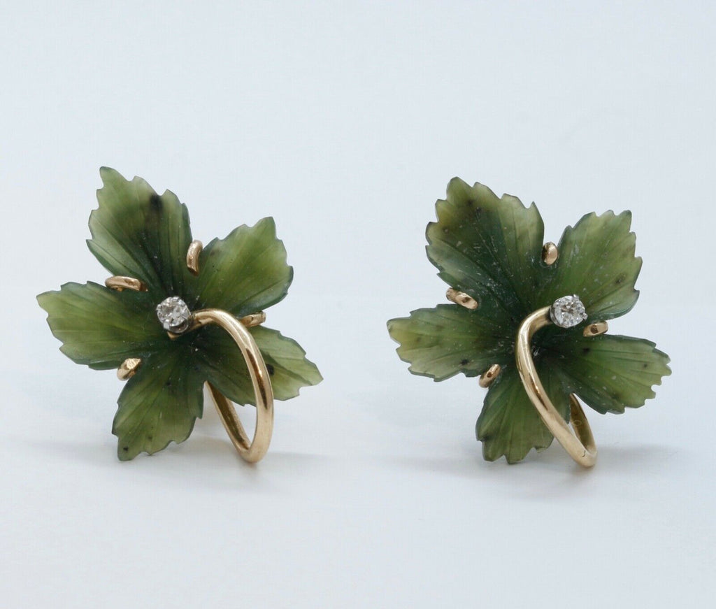 Vintage Carved Jade Diamonds 14K Yellow Gold Earrings