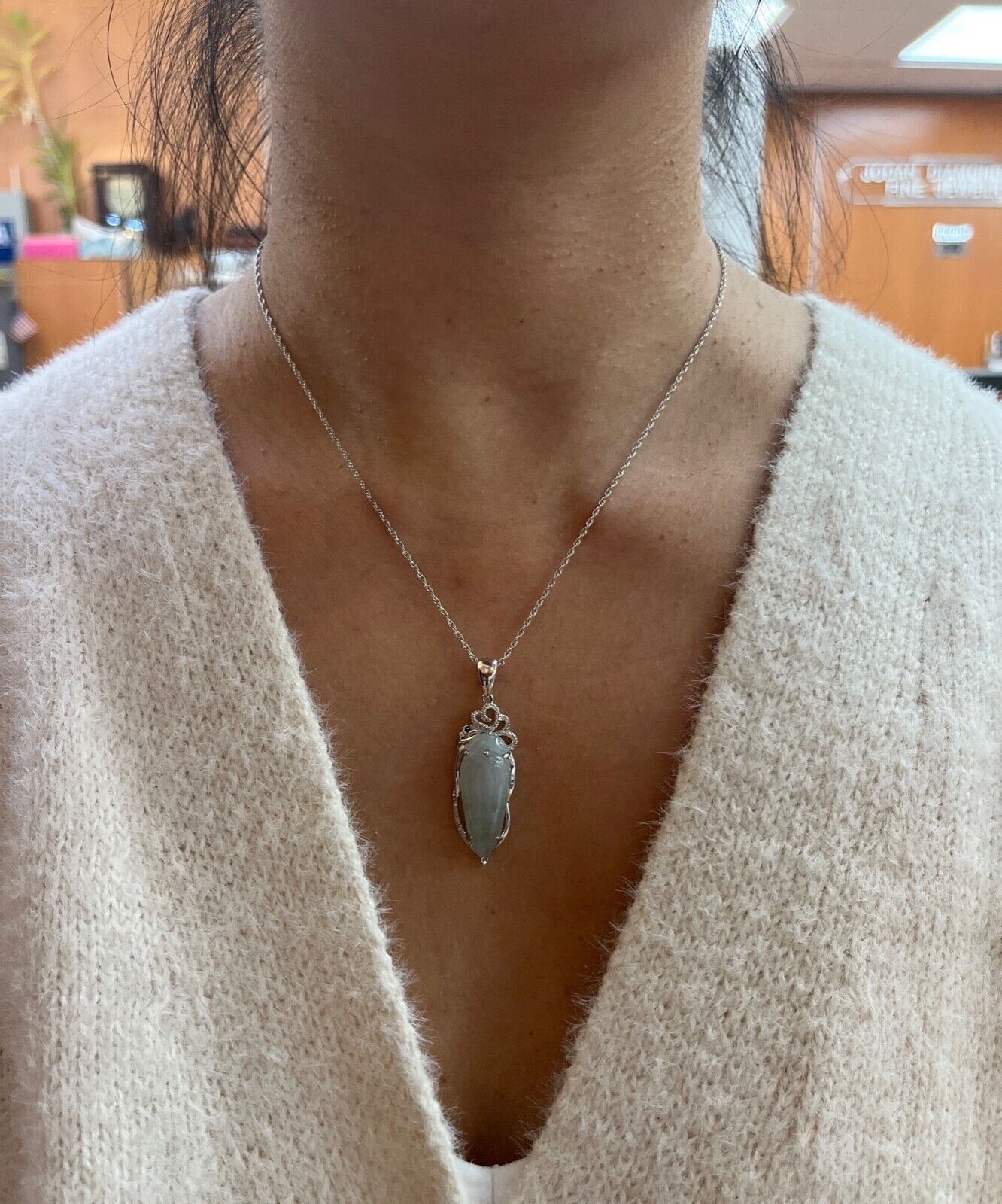 Vintage 18K White Gold Longevity Peach Jade Pendant