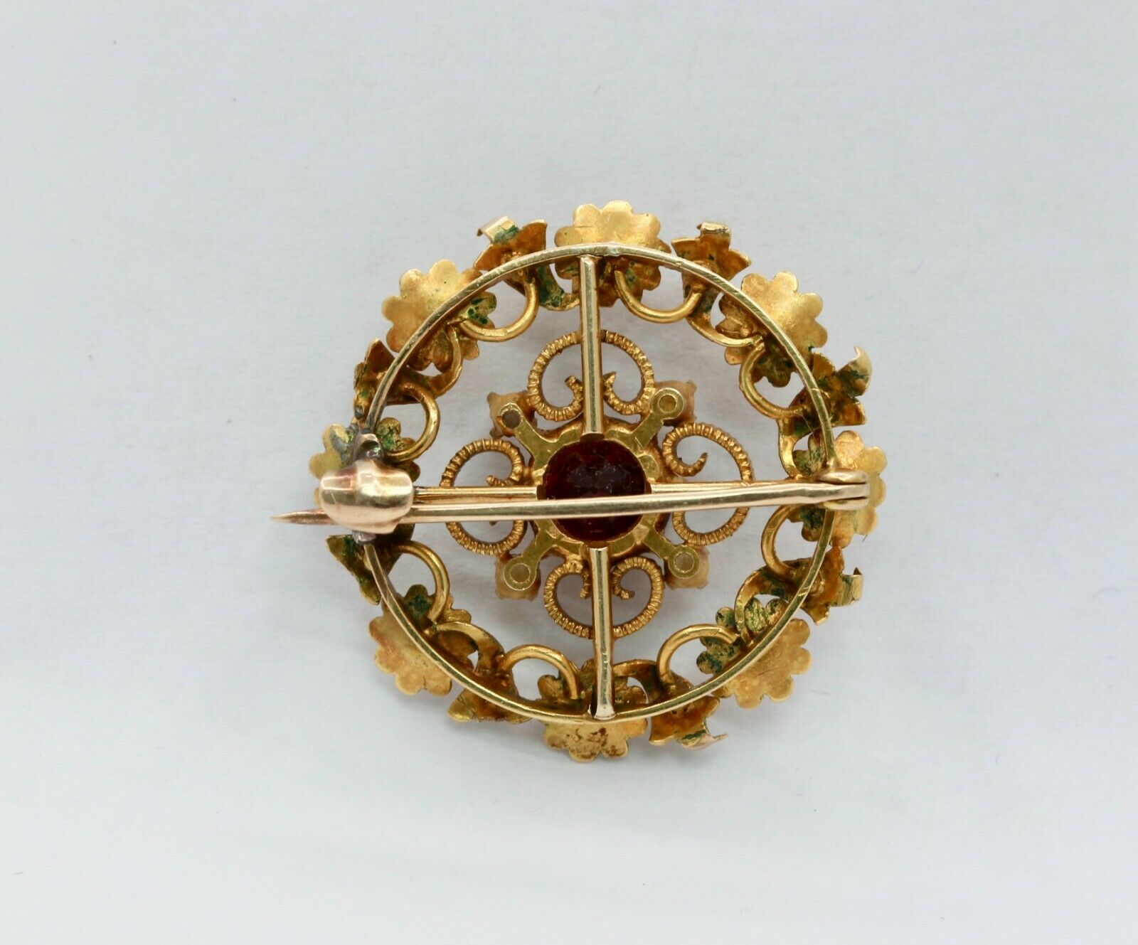Vintage 14k Yellow Gold Garnet Seed Pearl Floral Brooch