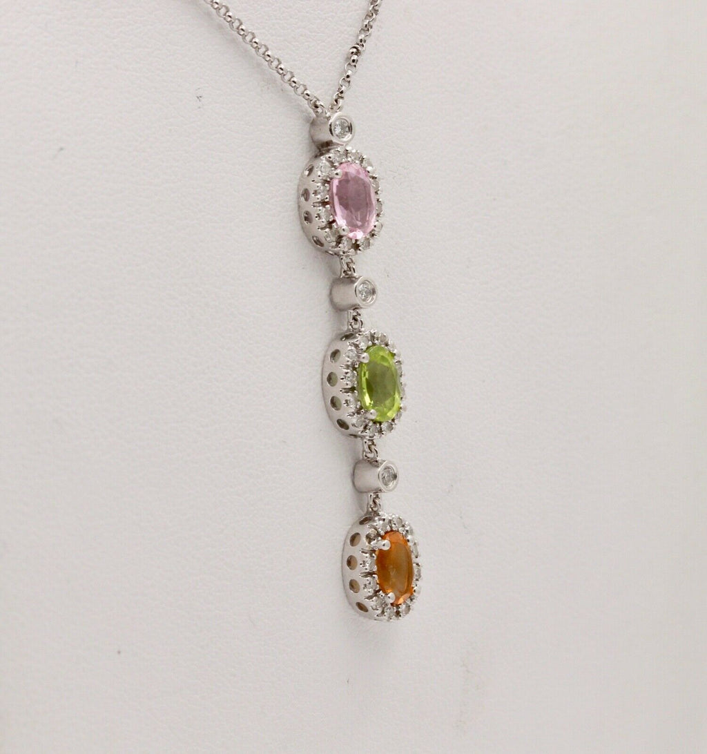 Classic 14K Gold Three Stones Multi Color Stone, Diamond Drop Pendant. Necklace.