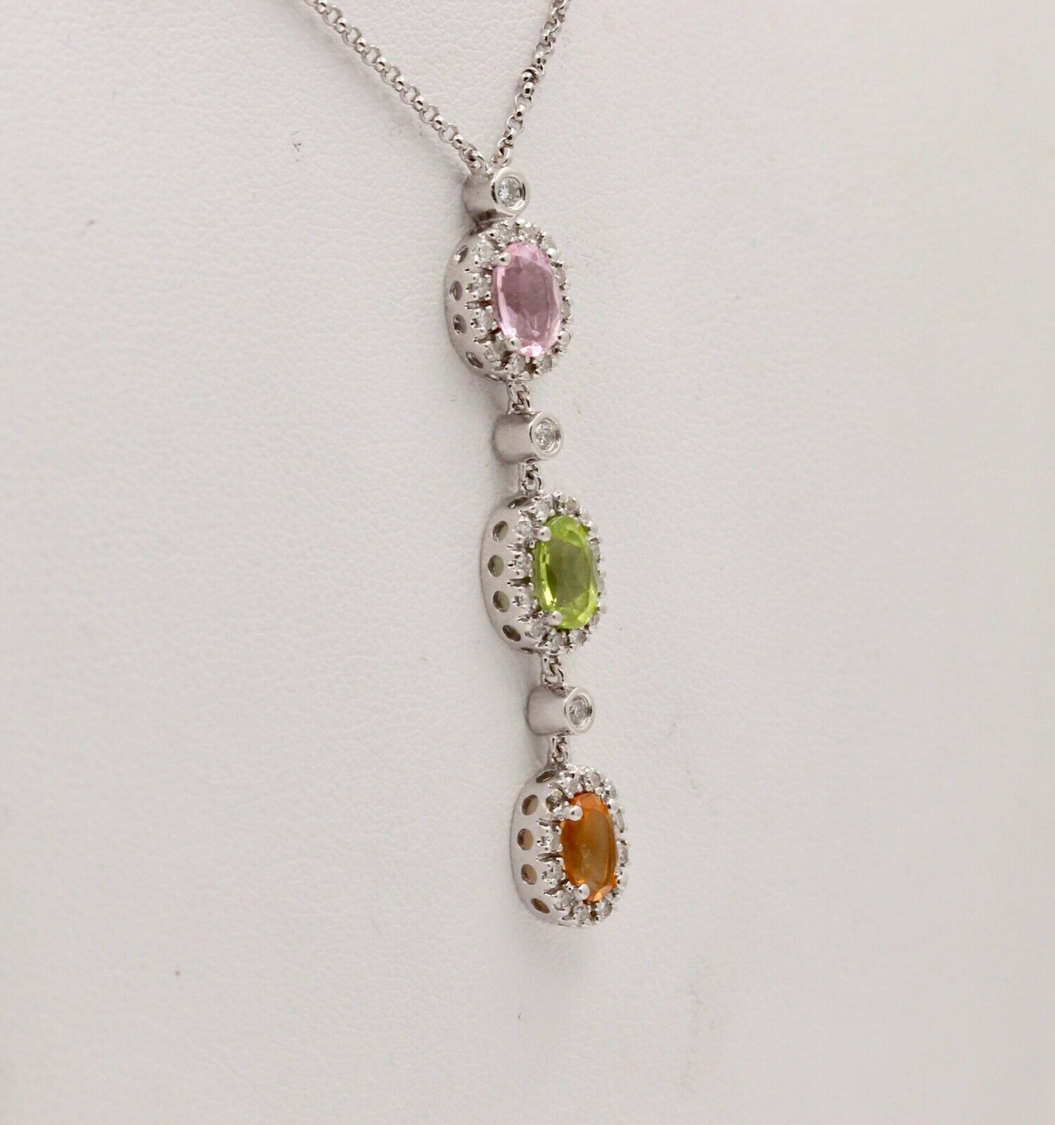 Classic 14K Gold Three Stones Multi Color Stone, Diamond Drop Pendant. Necklace.