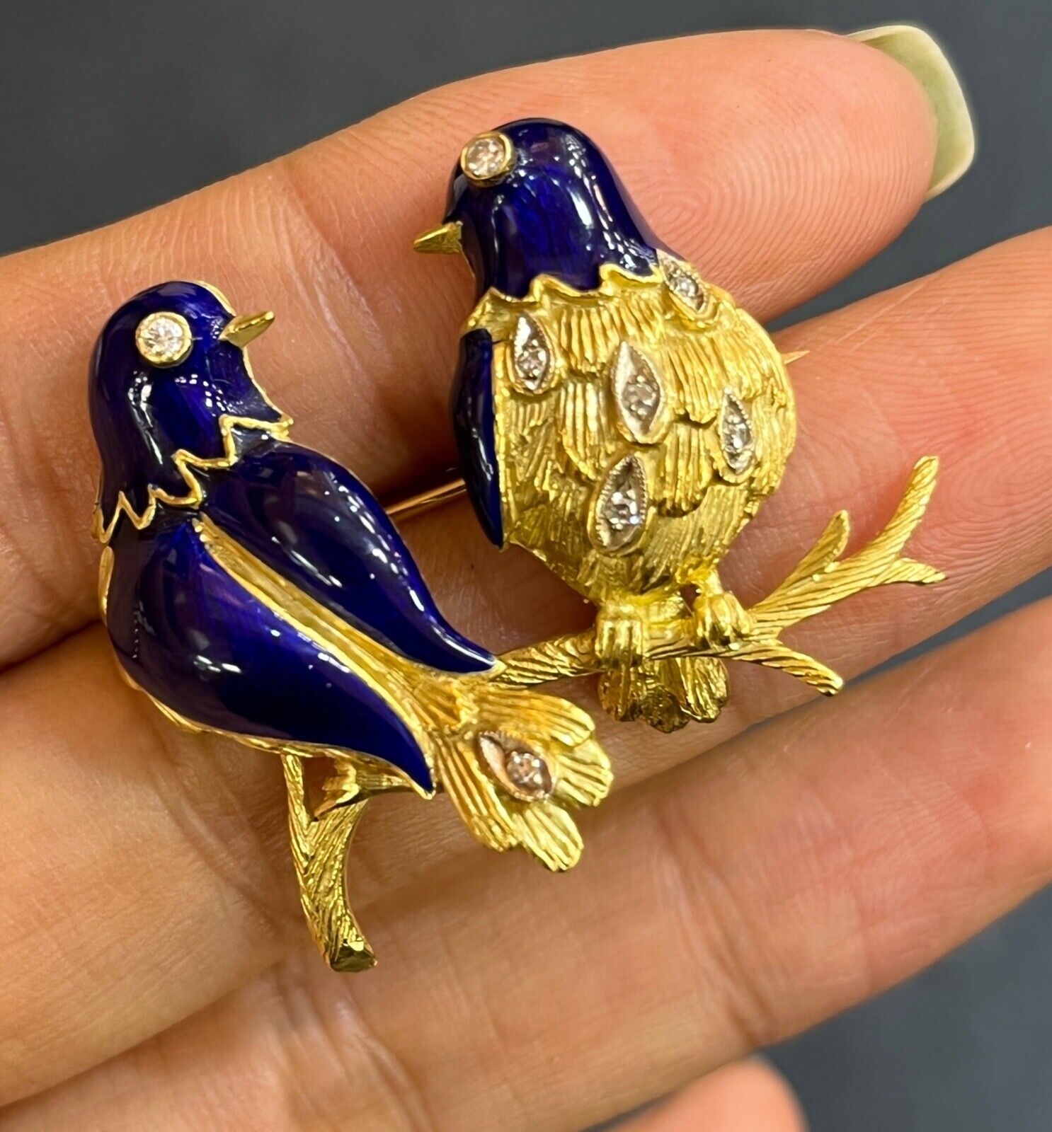 Vintage 18K Gold, Enamel, and Diamond Love Birds Brooch, Parrot Pin