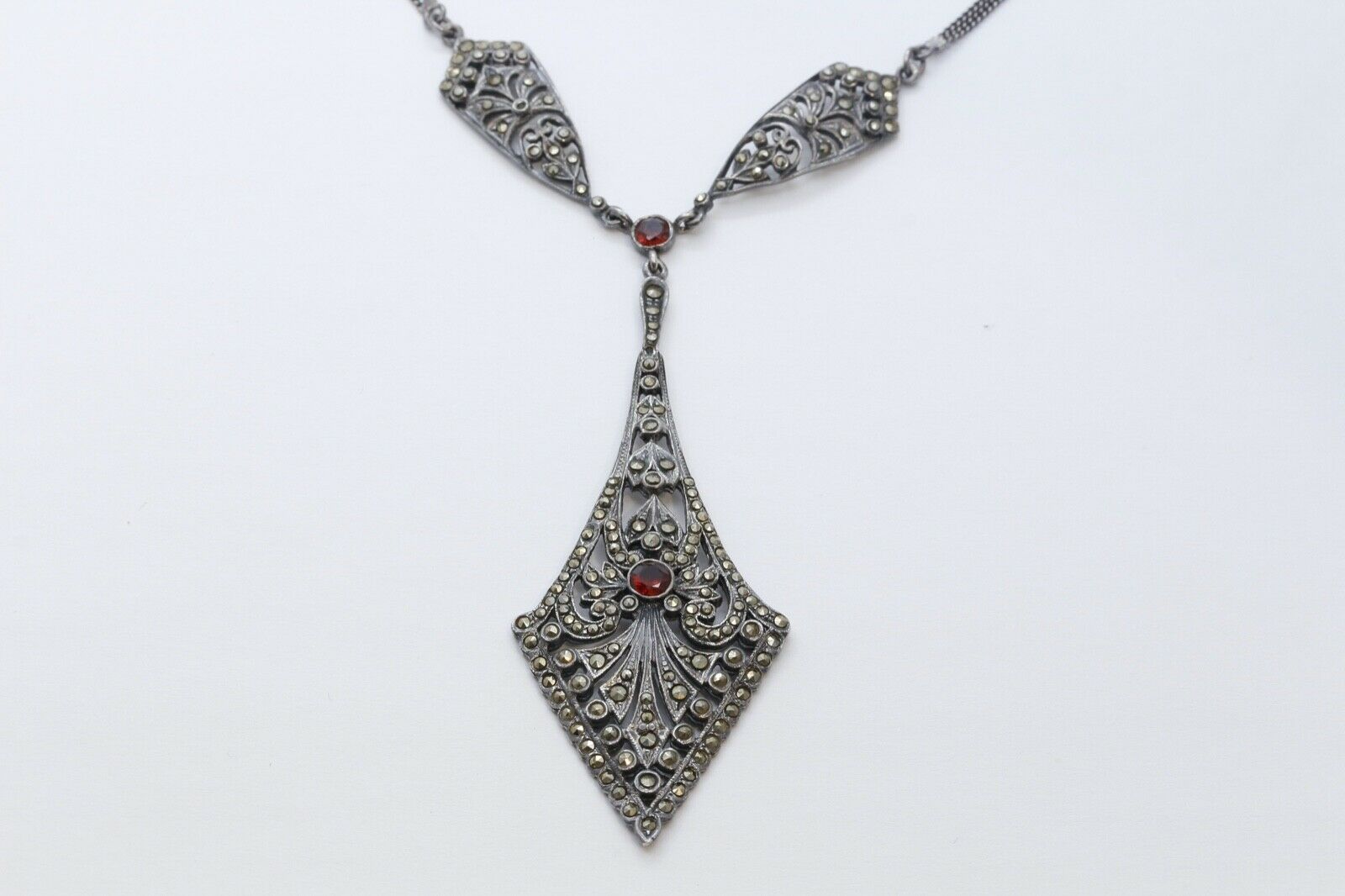 Vintage Marcasite Garnets 925 Sterling Silver Necklace Pendant
