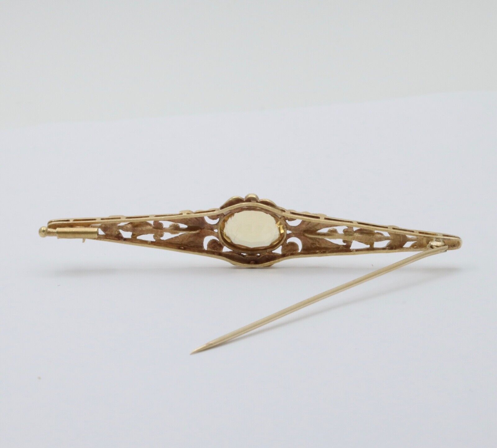 Antique Art Nouveau 14K Yellow Gold Citrine Bar Brooch, Pin