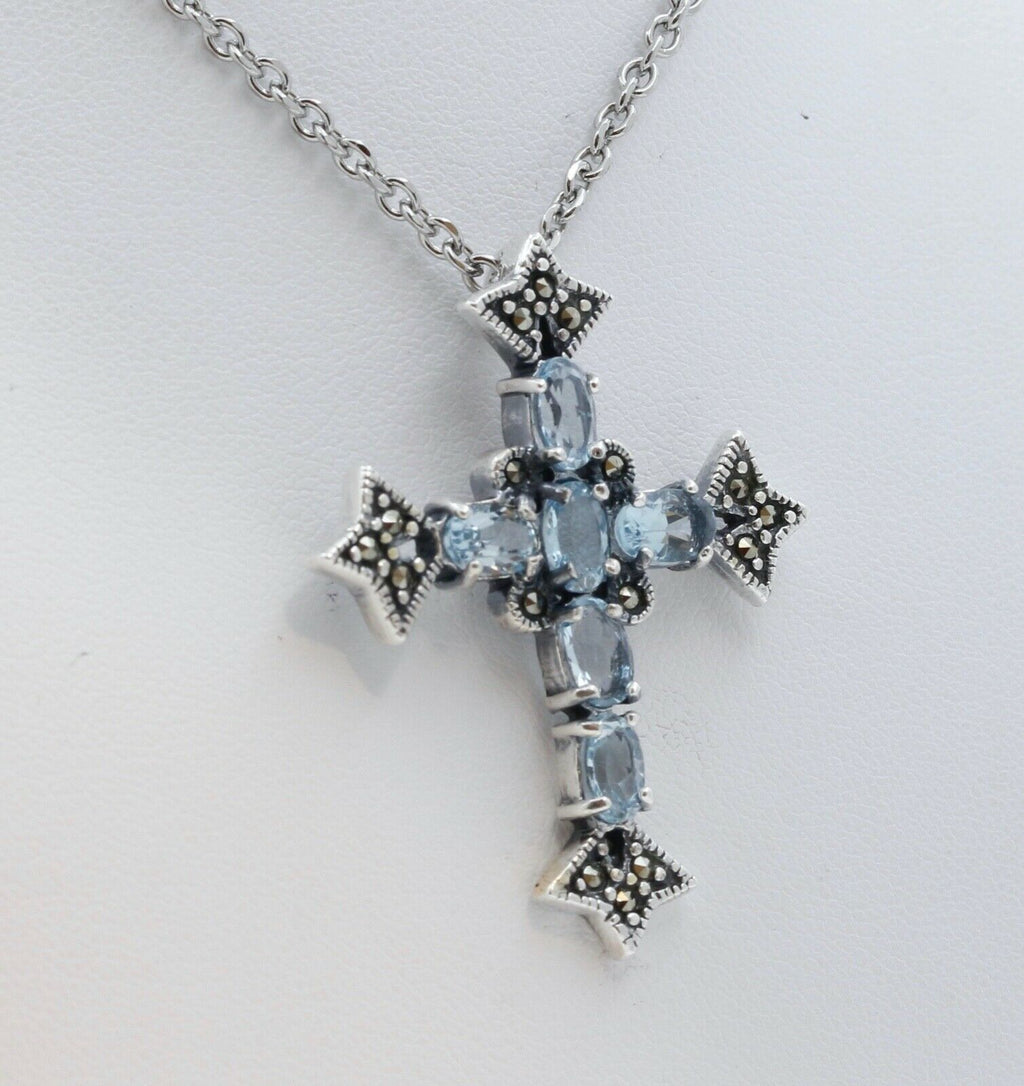 Navajo Synthetic Aquamarine Marcasite Sterling Silver Cross Pendant