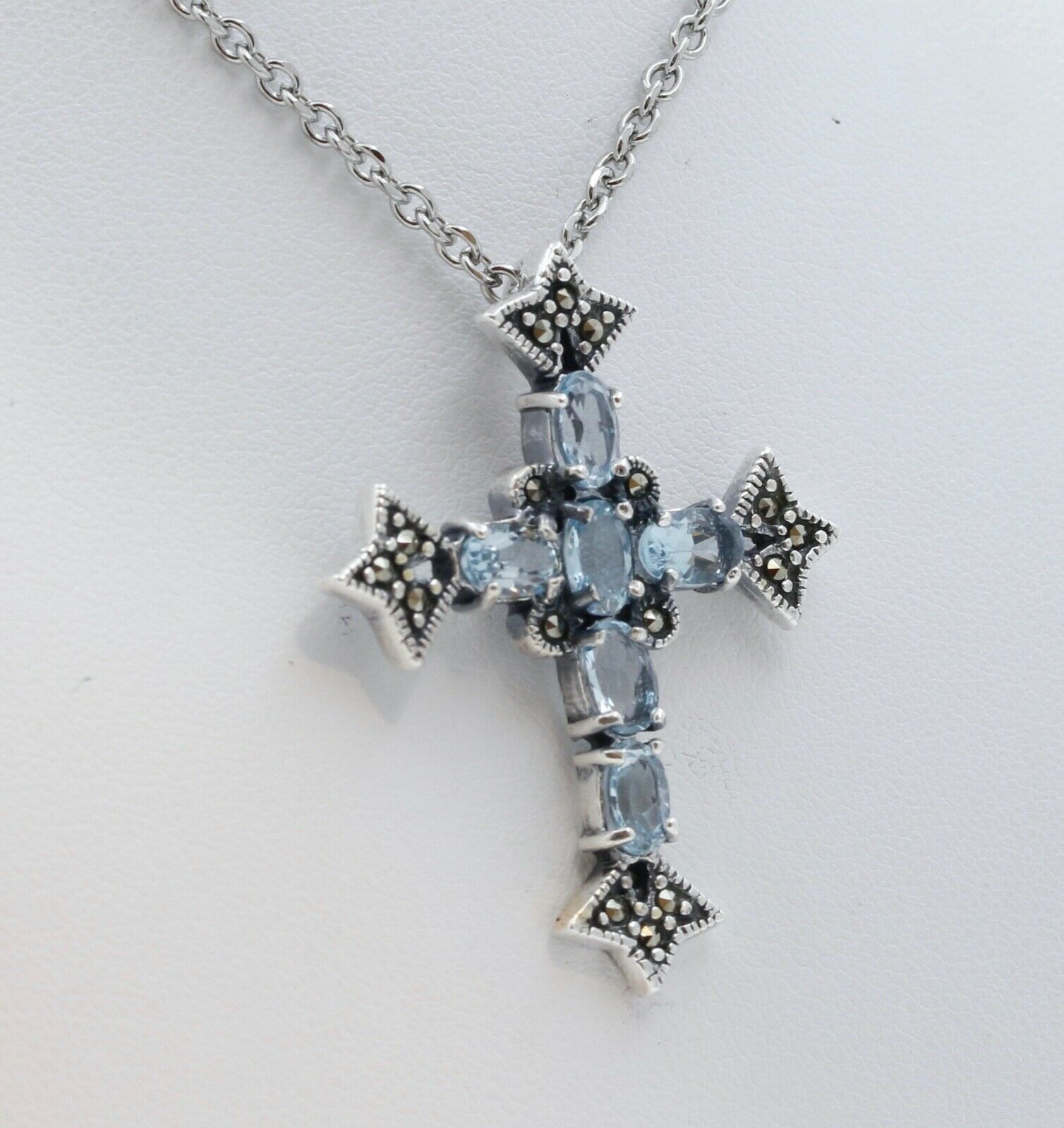 Navajo Synthetic Aquamarine Marcasite Sterling Silver Cross Pendant