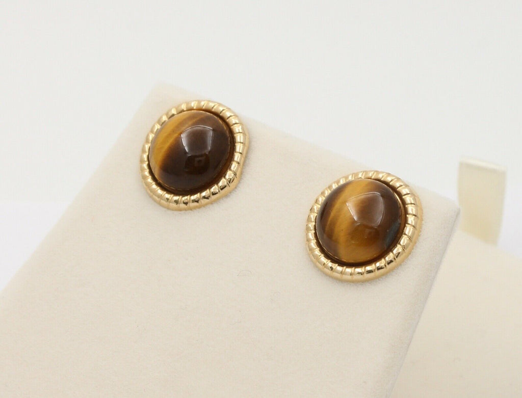 Vintage Tiger's Eye 14K Yellow Gold Earrings