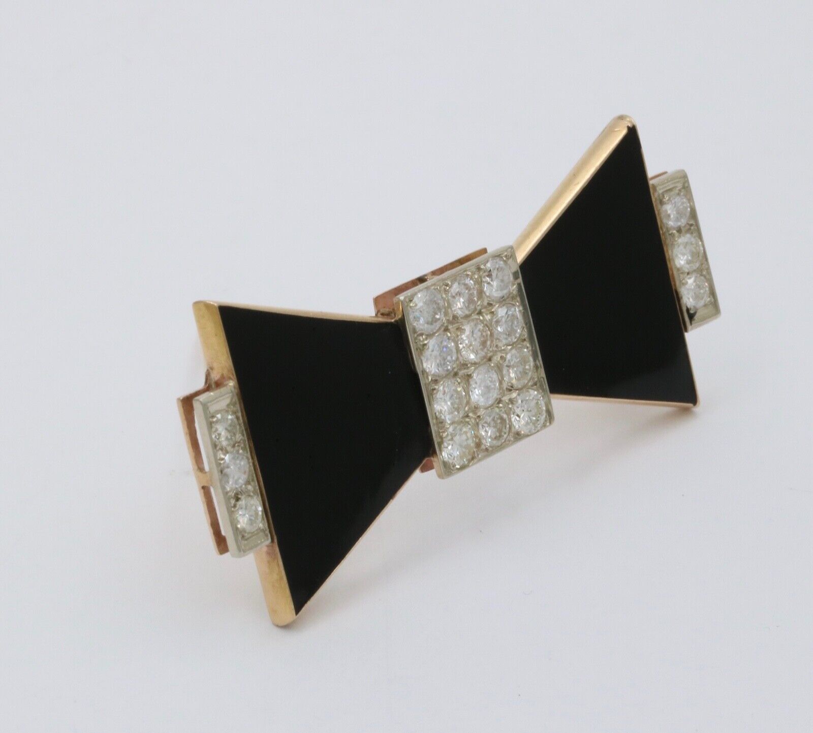 Vintage 14K Yellow Gold Onyx & Diamond Bow Tie Brooch.