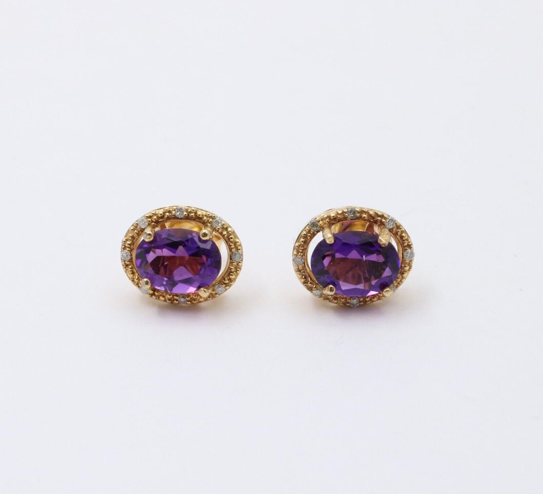 Vintage Amethyst Diamond 14K Yellow Gold Earrings Studs