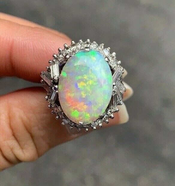 Vintage 1960's Australian Opal and Diamond 14K White Gold Statement Ring