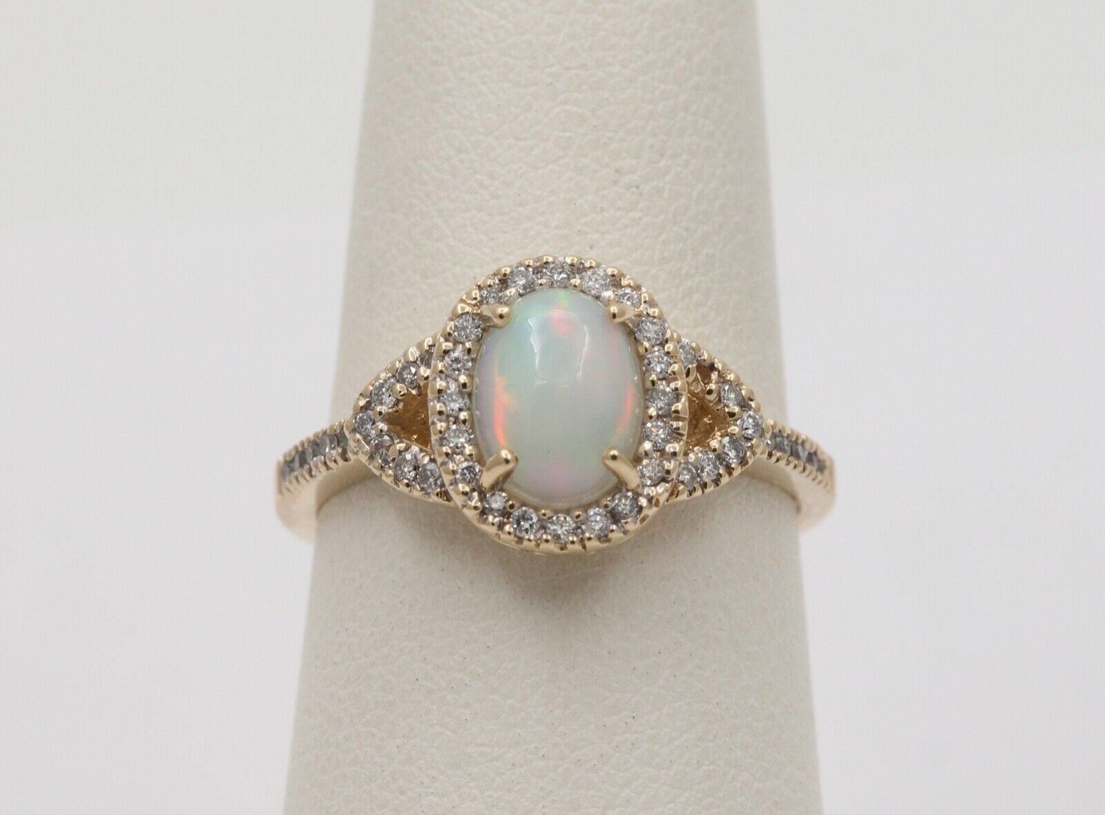 Vintage Australian Opal and Diamond Halo 14K Yellow Gold Ring, Engagement Ring