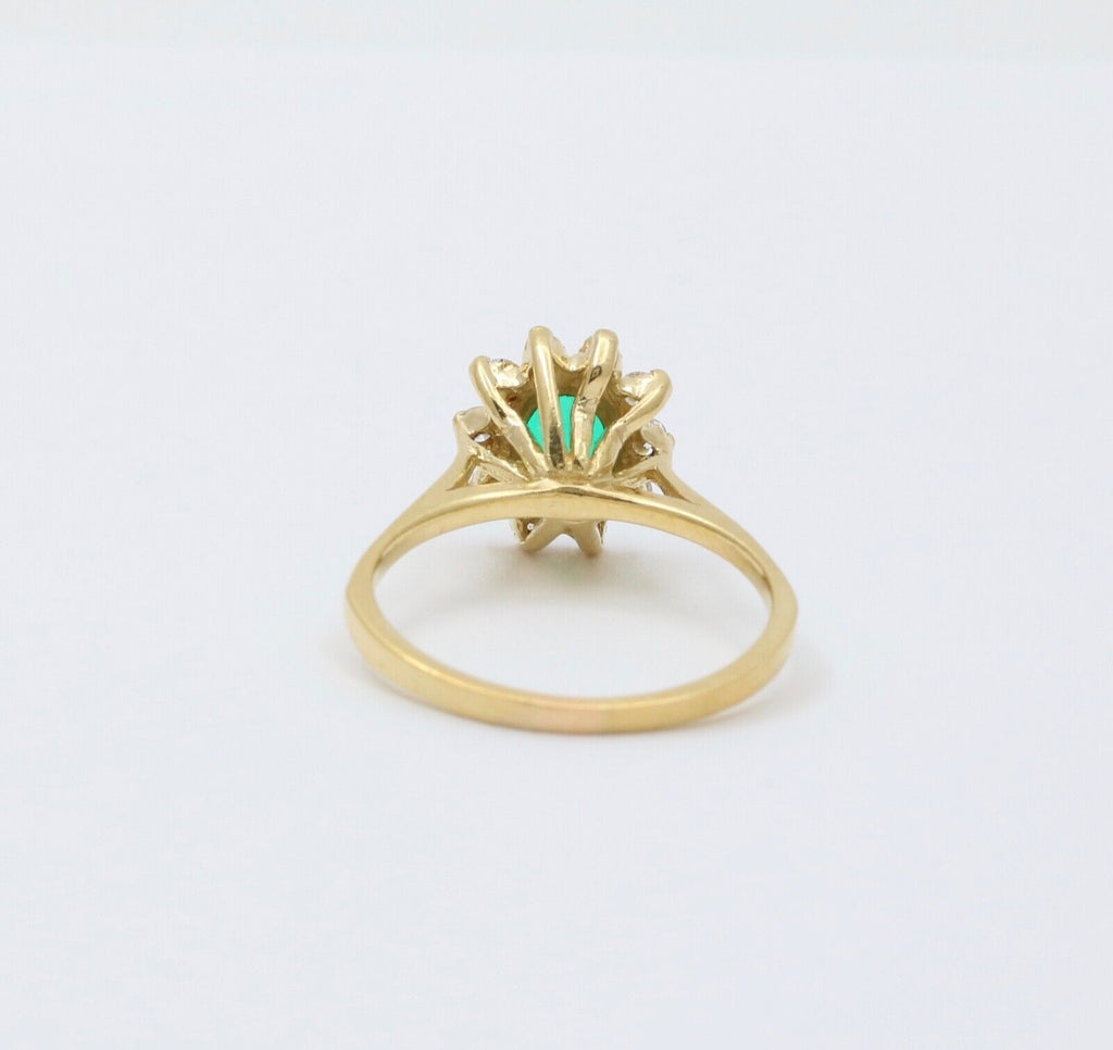 Vintage 18K Gold Emerald Diamond Halo Ring, Engagement Band