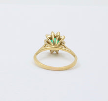 Load image into Gallery viewer, Vintage 18K Gold Emerald Diamond Halo Ring, Engagement Band
