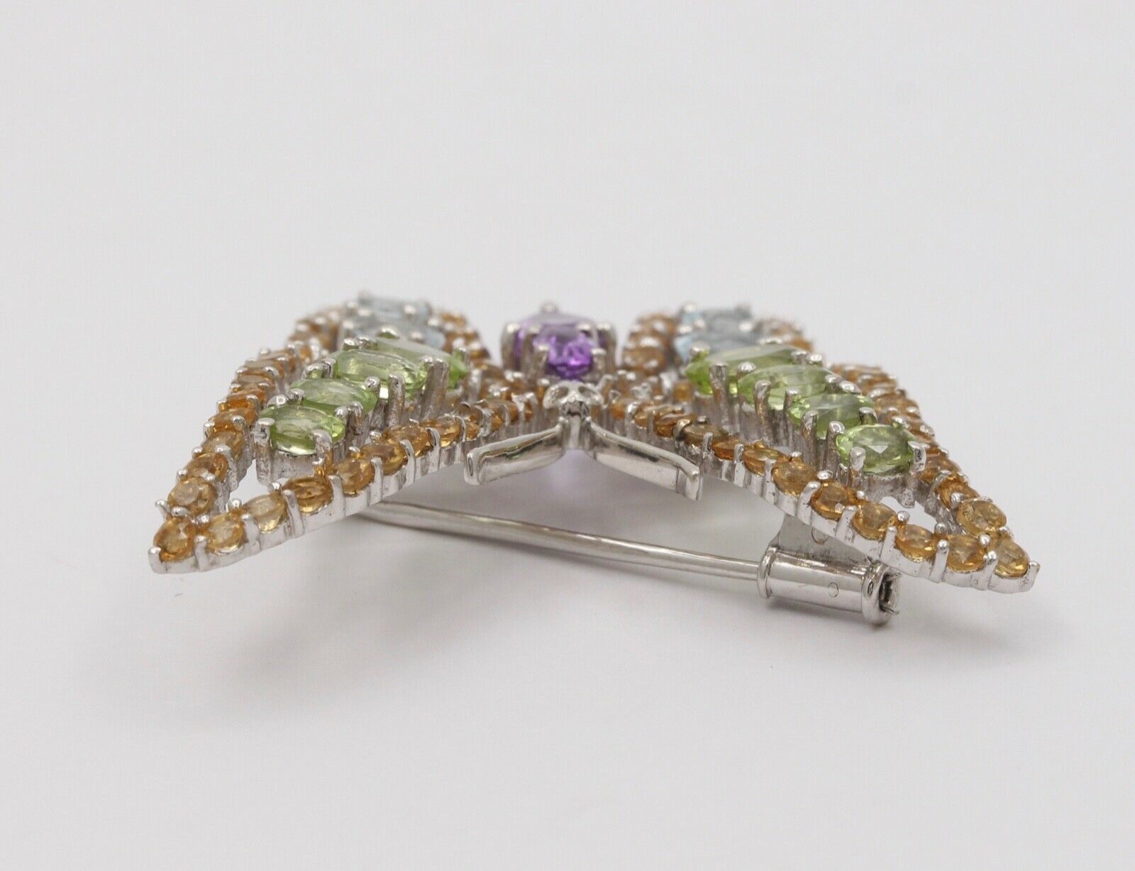 Vintage Butterfly Multi Color Stones in 18K White Gold Brooch