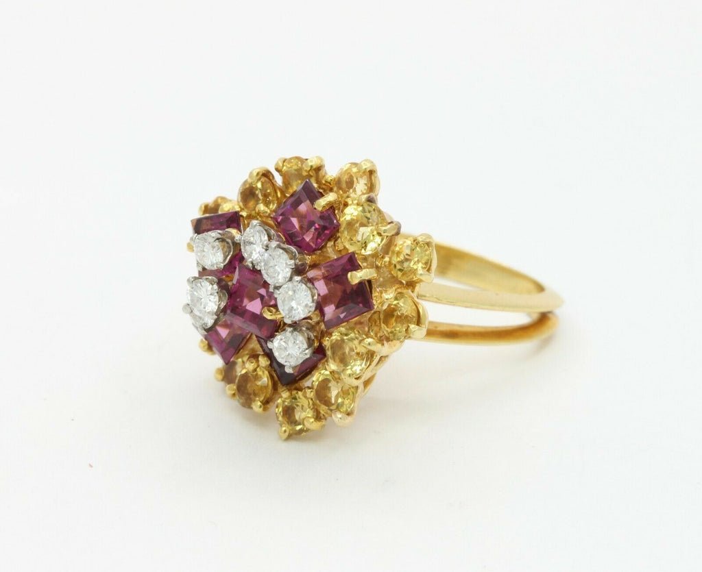 Vintage 18K Yellow Gold La Triomphe Diamond Yellow Sapphire Garnet Cocktail Ring