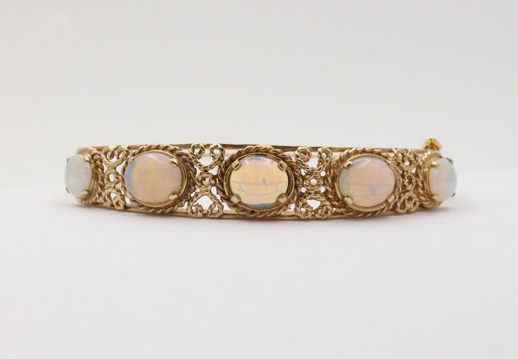 Vintage 14K Gold Rope Knot 5 Opal Bangle, Bracelet.