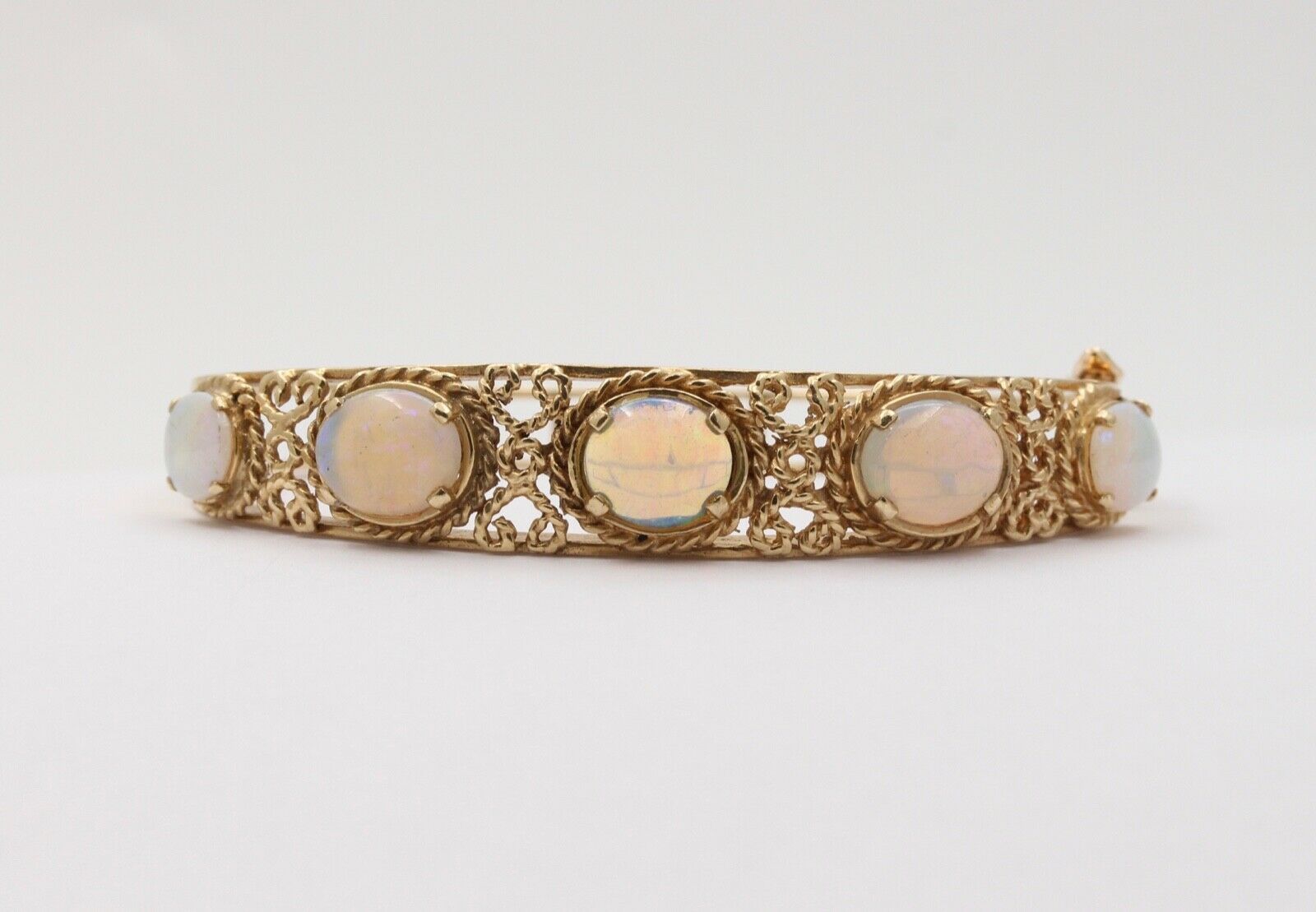 Vintage 14K Gold Rope Knot 5 Opal Bangle, Bracelet.