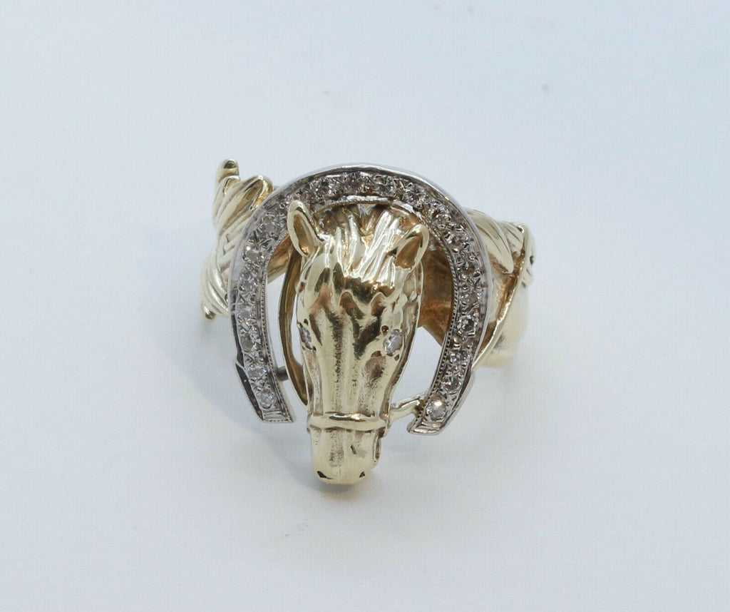 Chunky Unisex 14K Yellow Gold Diamonds Horse Afficionado Ring