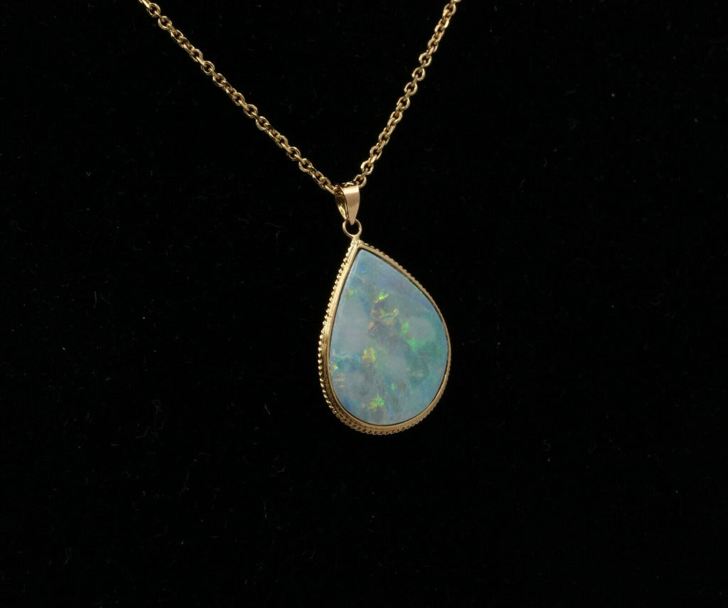 Vintage Drop Shape Boulder Opal 14K Yellow Gold Pendant, Necklace.