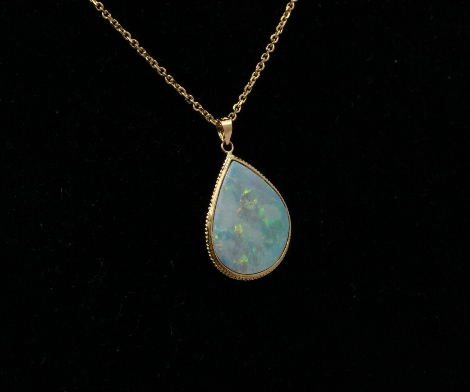 Vintage Drop Shape Boulder Opal 14K Yellow Gold Pendant, Necklace.