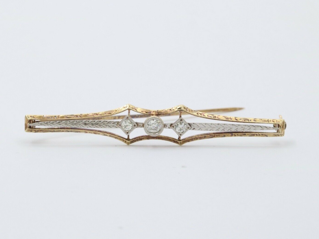Antique Art Deco 14K Two Tone Gold Old Mine Cut Diamond Bar Pin.