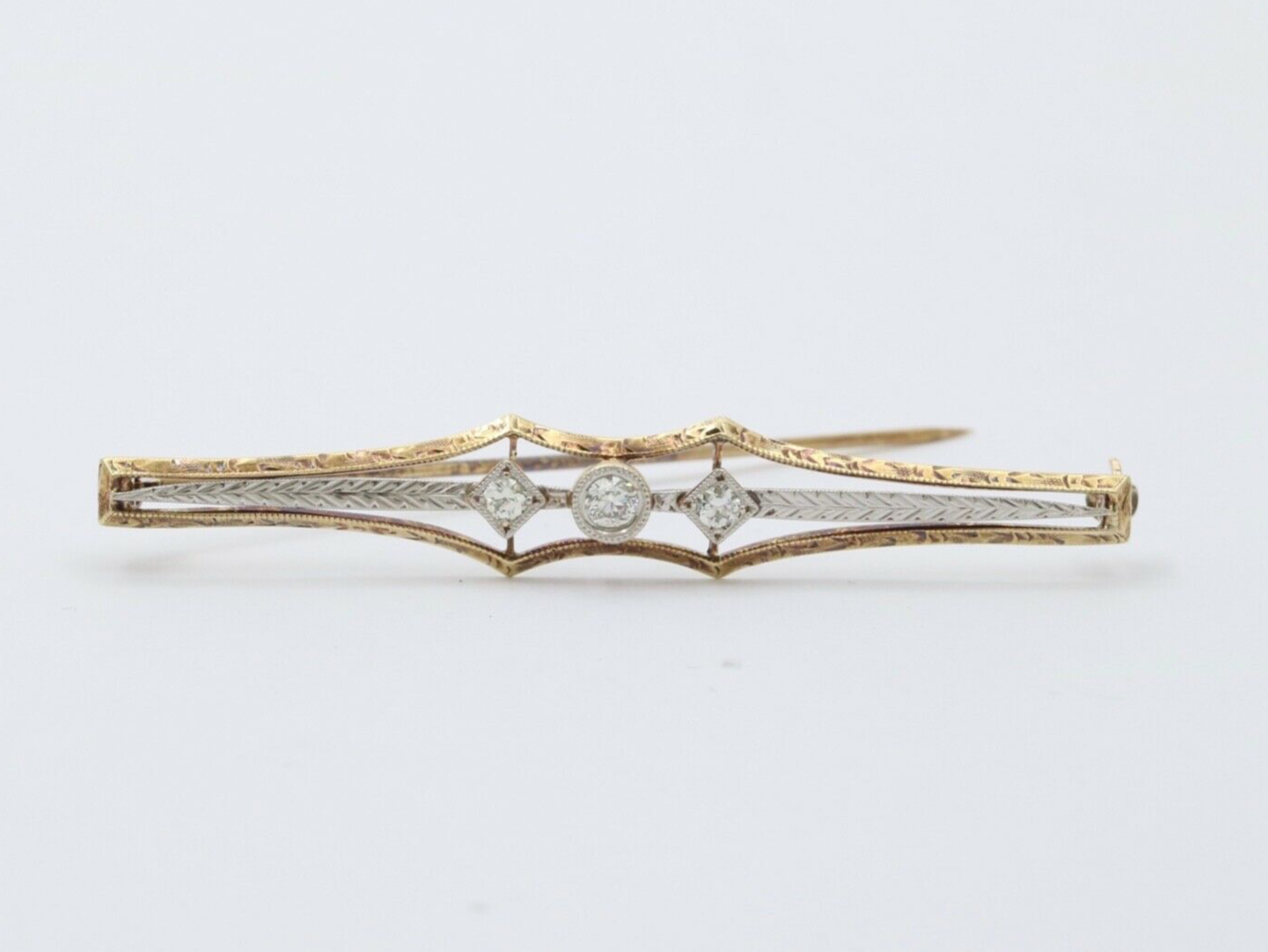 Antique Art Deco 14K Two Tone Gold Old Mine Cut Diamond Bar Pin.
