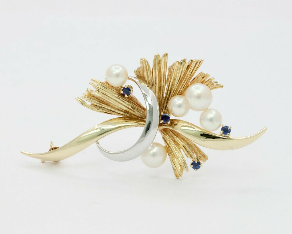 Vintage 14K Yellow Gold Mikimoto Pearl & Sapphire Brooch