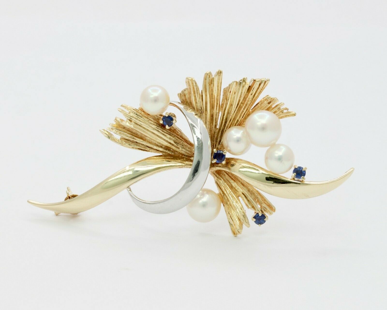Vintage 14K Yellow Gold Mikimoto Pearl & Sapphire Brooch