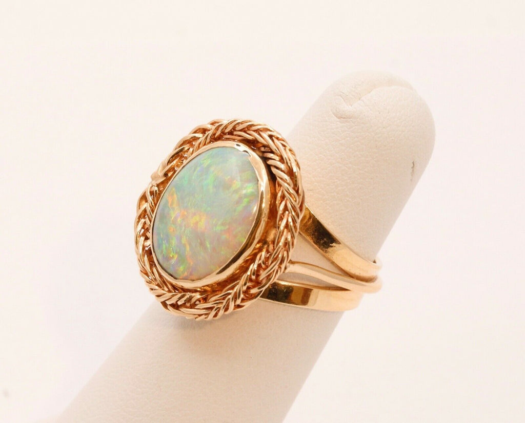 Vintage Natural Opal 14K Yellow Gold Rope Twist Ring
