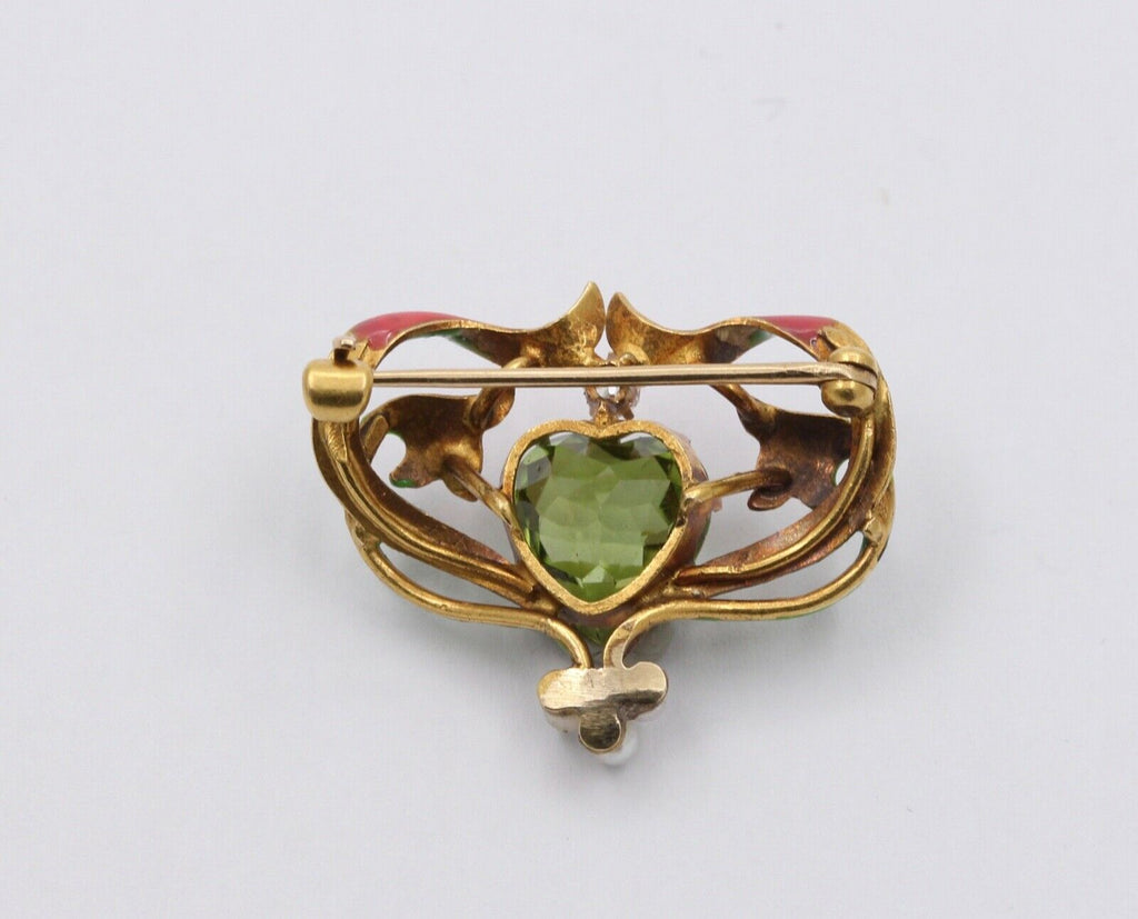 Art Nouveau Peridot 18K Yellow Gold Enamel Brooch Pin