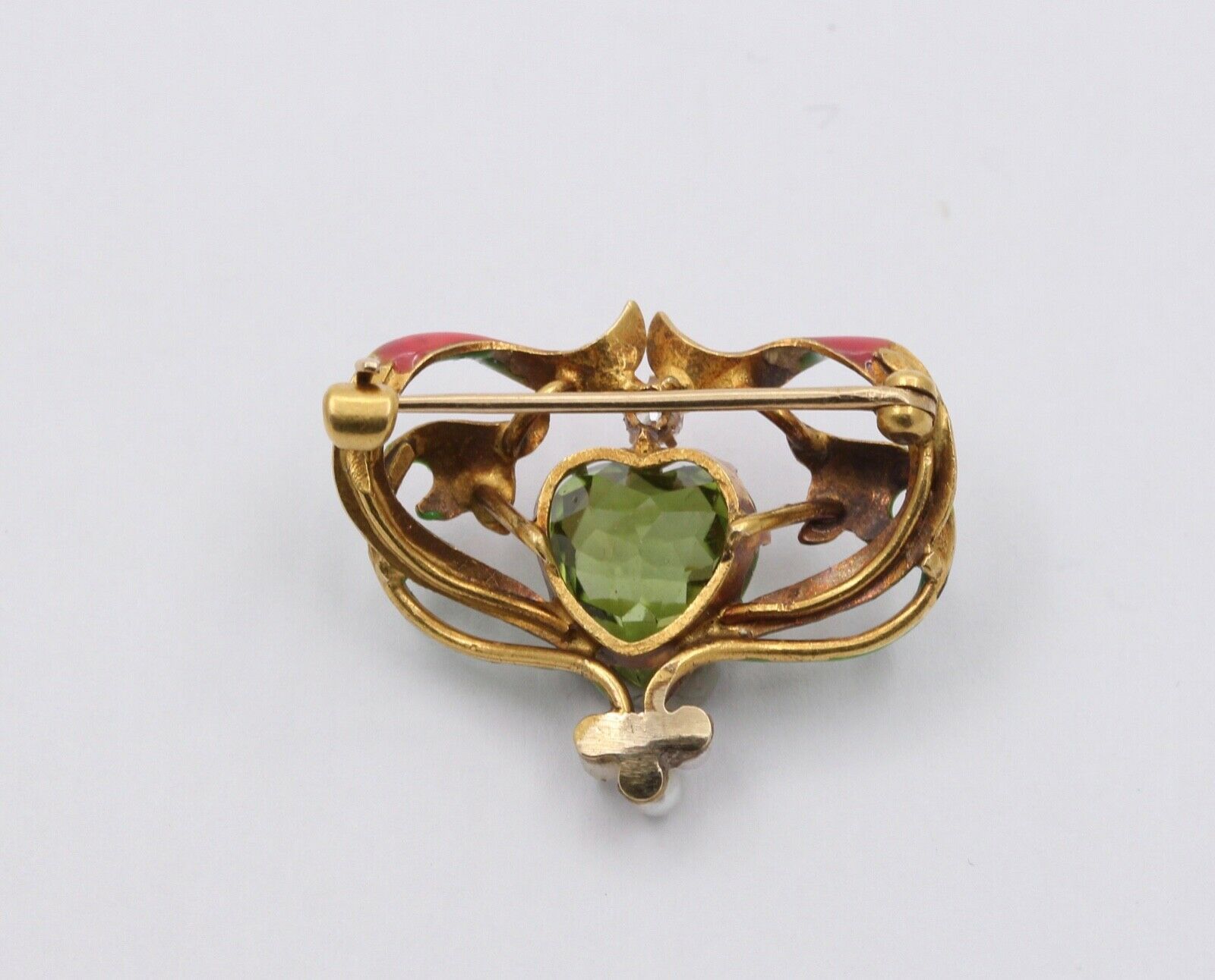 Art Nouveau Peridot 18K Yellow Gold Enamel Brooch Pin