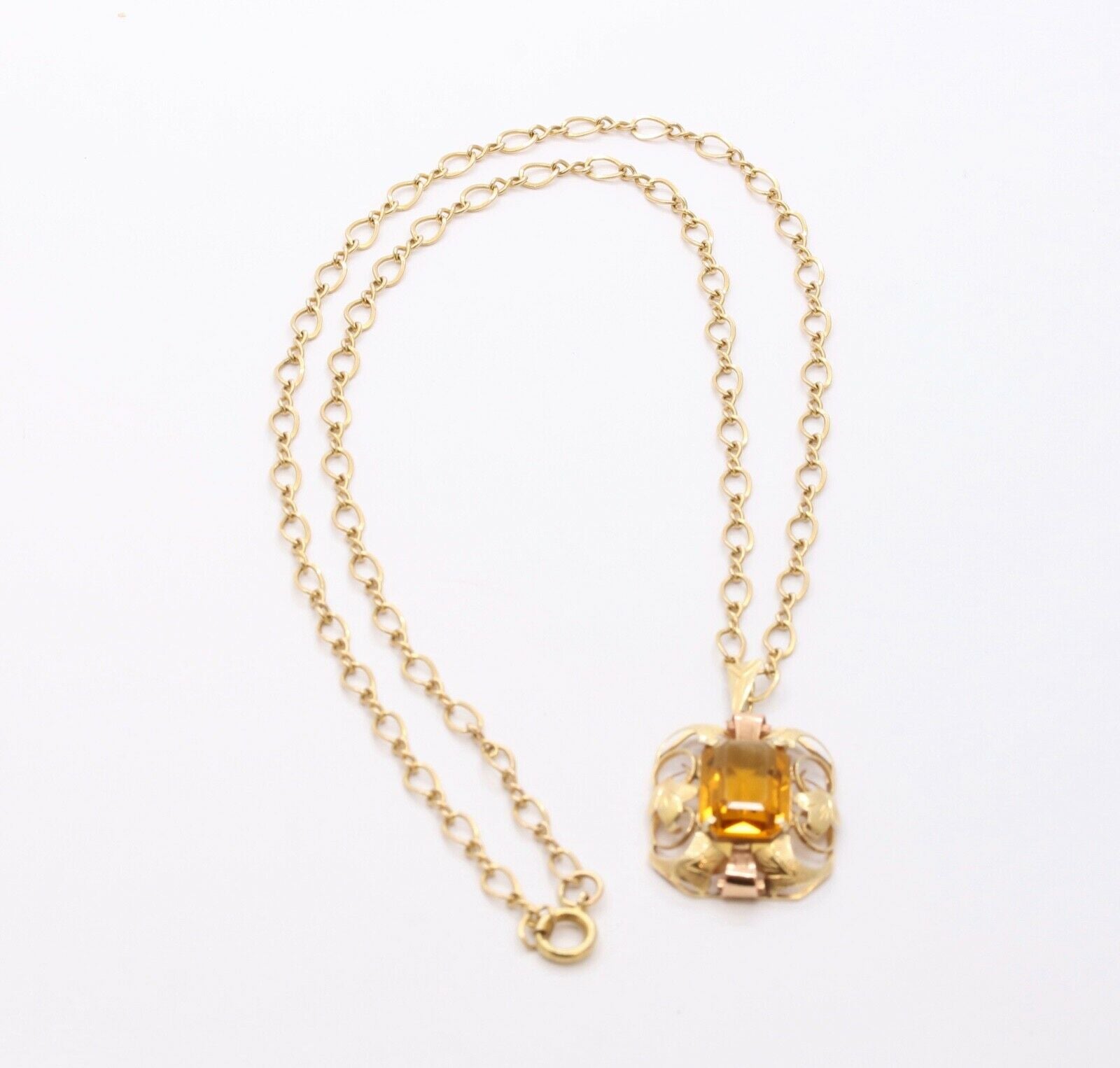 Lovely Vintage 14K Yellow Rose Gold Citrine Pendant 10K Open Link Chain