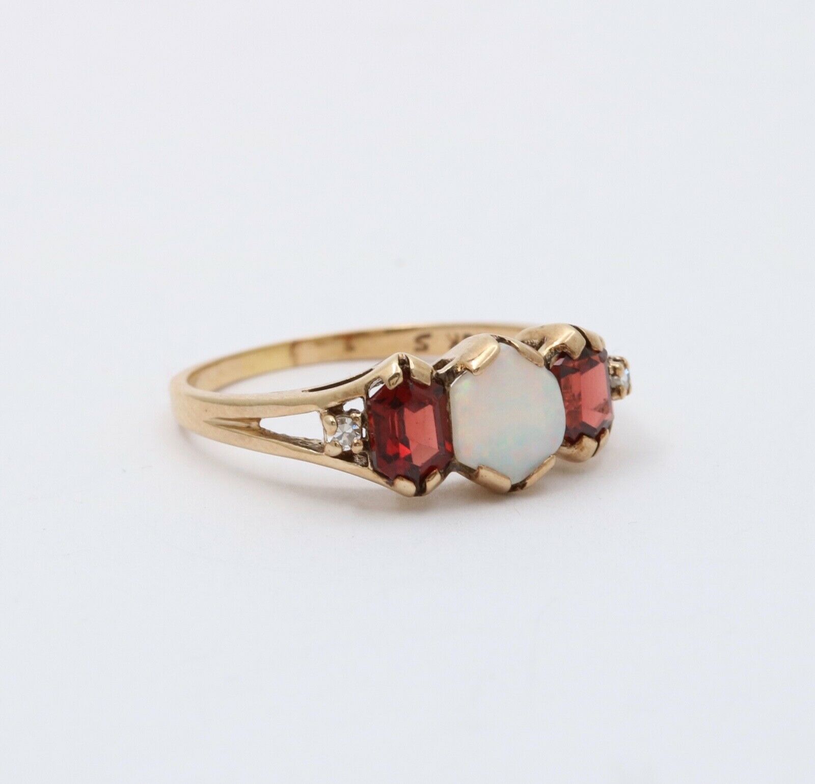 Vintage 10K Yellow Gold Opal, Garnet and Diamond Ring Band. Stacking Ring.