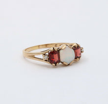 Load image into Gallery viewer, Vintage 10K Yellow Gold Opal, Garnet and Diamond Ring Band. Stacking Ring.
